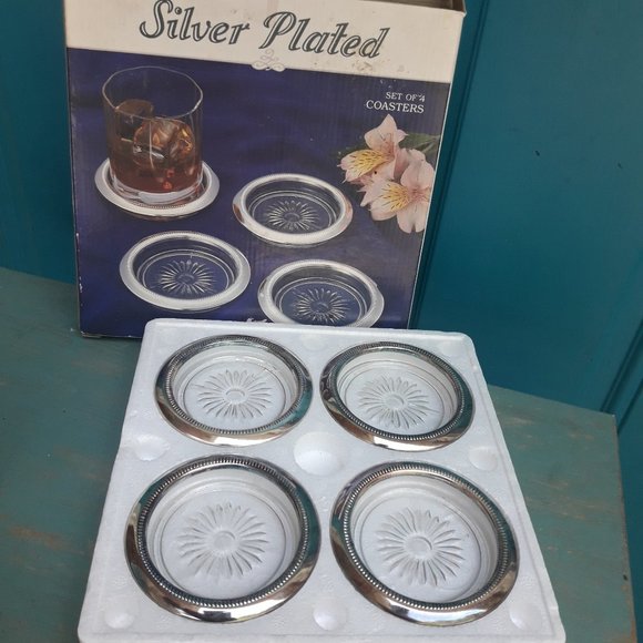 Glass Silver Plated Coasters Vintage Coaster Set Crystal Starburst New in Box - Picture 3 of 16